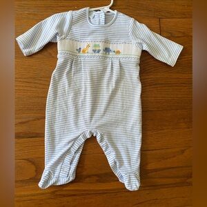 Edgehill Collection Blue Striped Smocked Footie Noah’s Ark Animals 100% Cotton